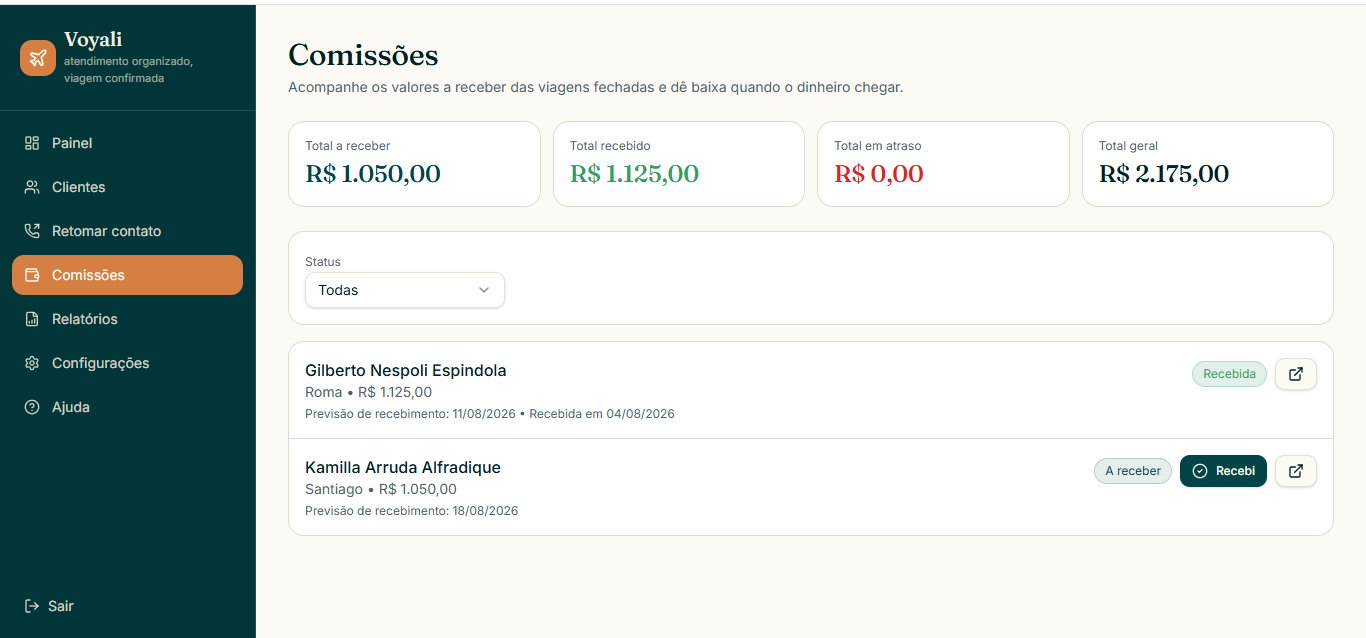 Tela de comissões do Voyali