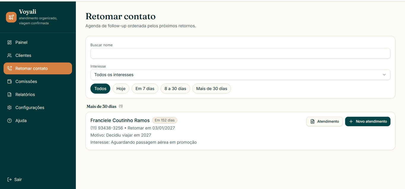 Tela de retomada de contato do Voyali